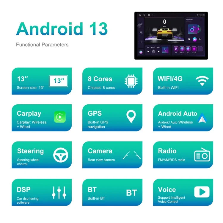 Máy định vị màn hình lớn Android 13,1 inch 4+64G với APK bản đồ đa năng / Carplay / Hình ảnh lùi xe, 13,1 inch