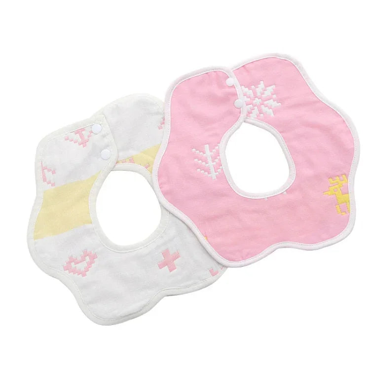 2 chiếc yếm chống thấm hình cánh hoa cho trẻ sơ sinh hai mặt sáu lớp vải bông gạc, hồng tuyết tùng