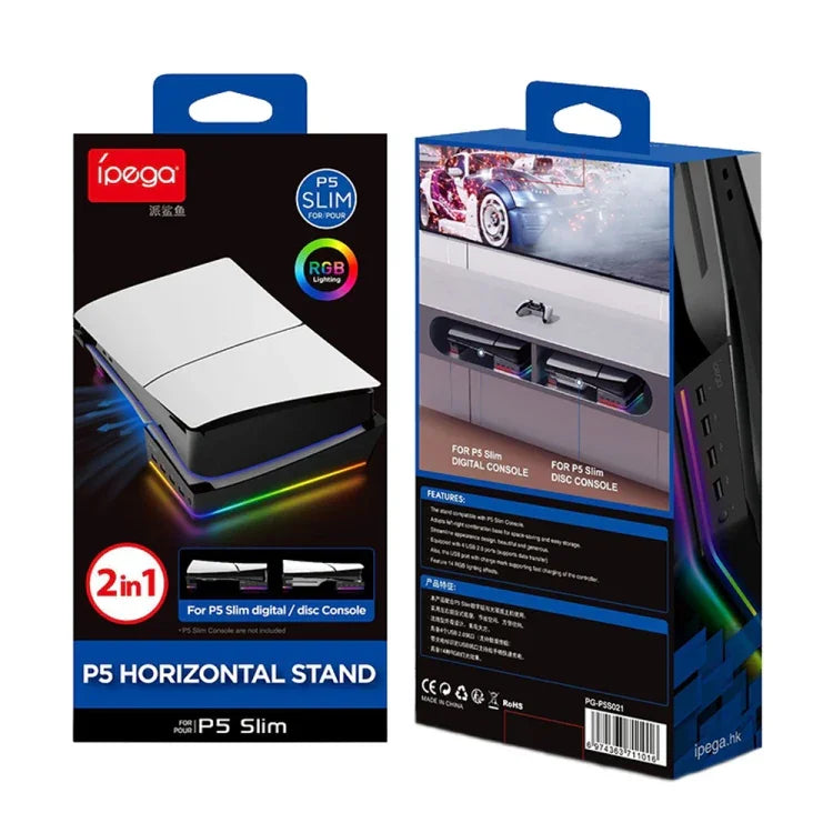 Giá đỡ ngang có đèn RGB và 4 cổng USB HUB cho máy chủ Sony PS5 Slim IPEGA PG-P5S021, màu trắng