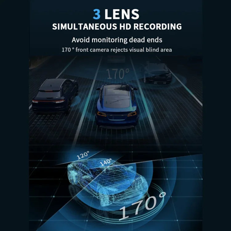 Camera 3 ống kính màn hình IPS 3 inch WiFi cho xe hơi, Camera hành trình 1080P có tầm nhìn ban đêm cho ô tô, 32G, 64G