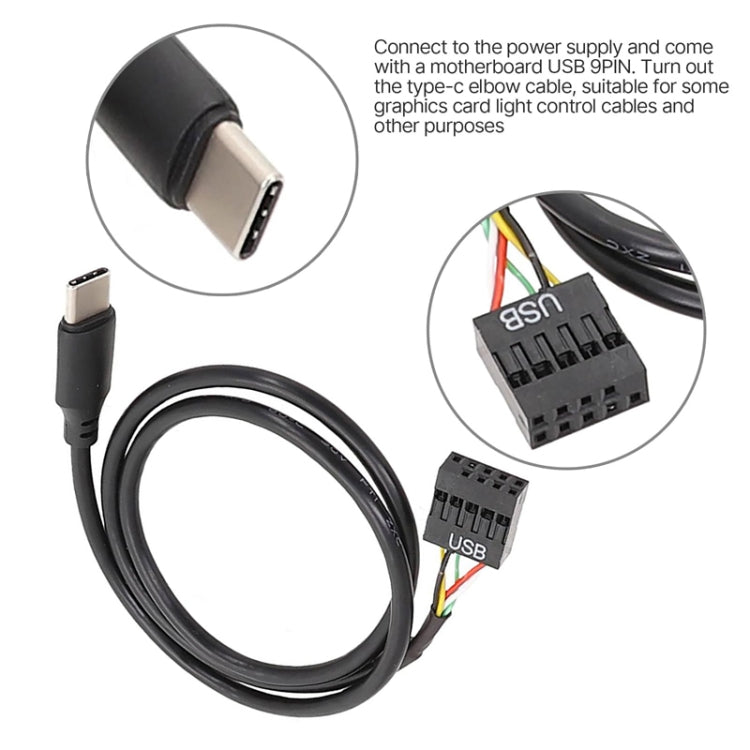 Cáp dữ liệu USB 9Pin sang Type-C thẳng bo mạch chủ, cáp bọc kép, dài 50cm thẳng