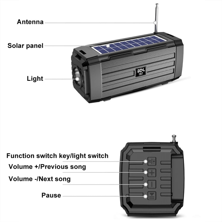 Loa Bluetooth năng lượng mặt trời LED BDL-187 không dây, di động, dùng ngoài trời, có radio FM