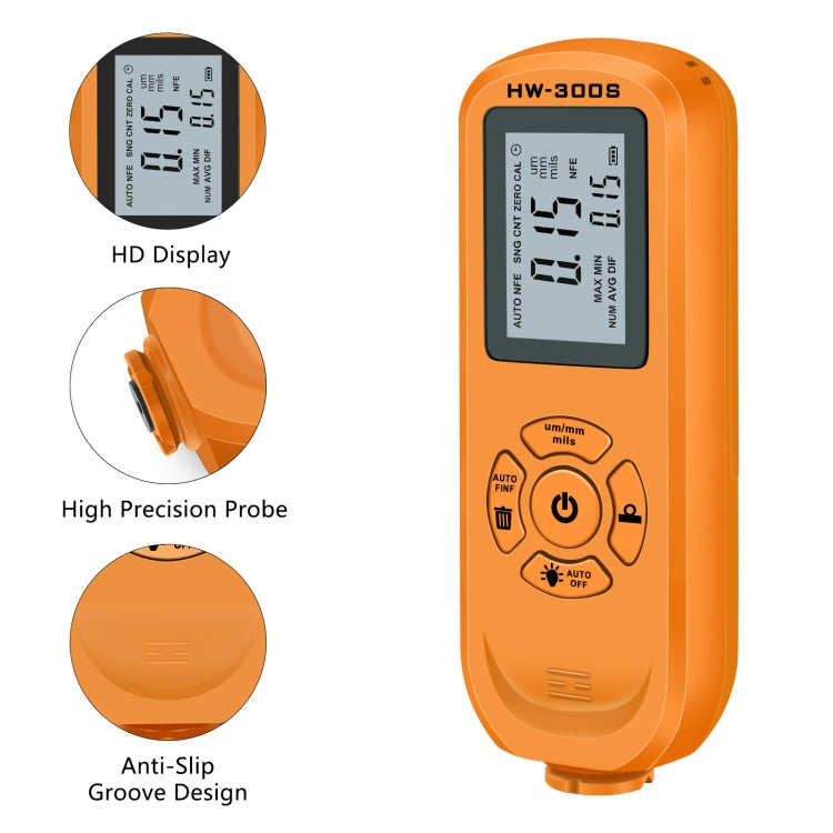 Máy đo độ dày lớp phủ HW-300S chính xác cao chống trượt, đo độ dày màng sơn, màn hình ngang màu cam, màn hình dọc màu cam, màn hình ngang màu đen, màn hình dọc màu đen