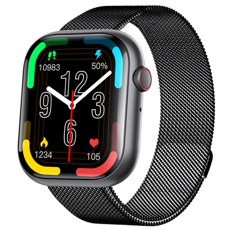 F70 smart watch with blood sugar monitoring, featuring 2.1 inch screen, sports modes, and black mesh strap.