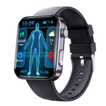 Smart watch with ECG and fitness tracking displaying steps and health metrics on a 2.1-inch screen, black silicone band.