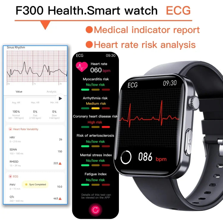 Đồng hồ thông minh F300 màn hình 2.1 inch hỗ trợ gọi Bluetooth/ECG/phân tích thành phần máu/50+ chế độ thể thao, Silicone đen, Silicone hồng đen, Silicone xám đen, Milan đen, Thép 3 hạt đen, Da đen, Da nâu đen