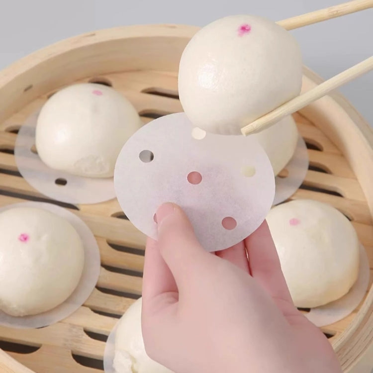 100 miếng giấy hấp tròn dùng một lần đạt chuẩn thực phẩm, chống dính, có lỗ, dùng cho hấp bánh bao, đường kính 7.6cm