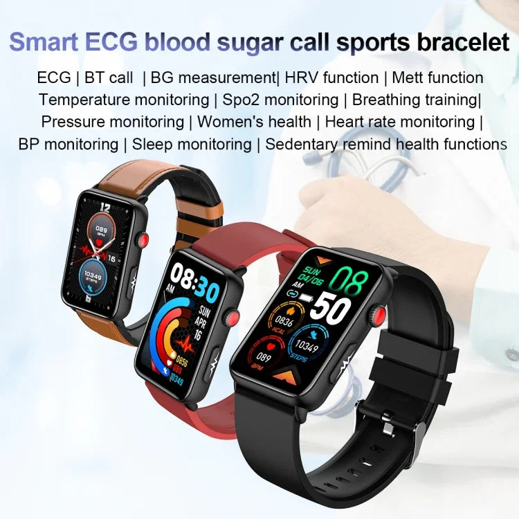 Đồng hồ thông minh vòng ECG đo nhiệt độ, nhịp tim, huyết áp, sức khỏe, gọi Bluetooth, Silicone đen, Silicone đỏ, Silicone xanh, Da đen, Da nâu