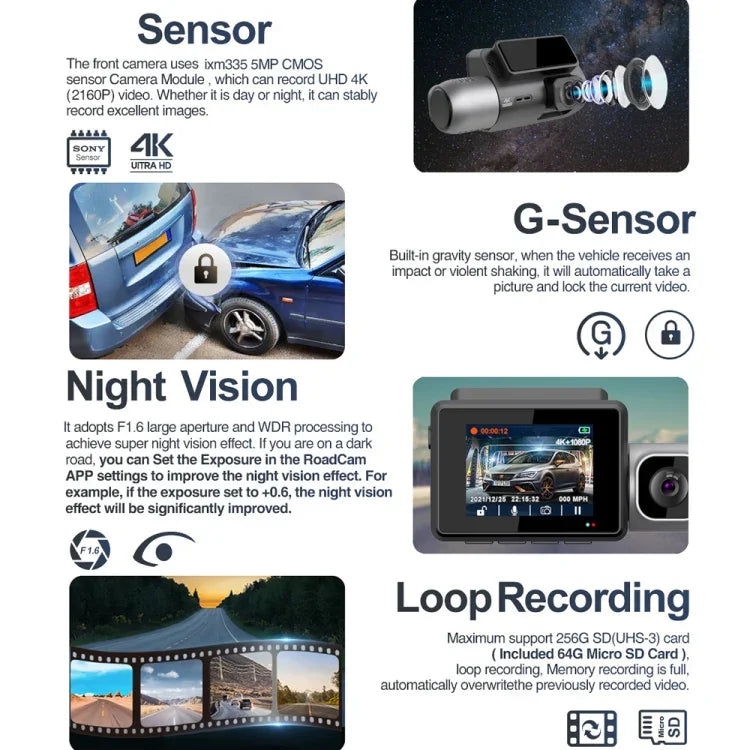 M700A Máy ghi hình xe 3 kênh 4K UHD trước + 1080P trong + 2K sau + GPS + WIFI, Camera hành trình M700A