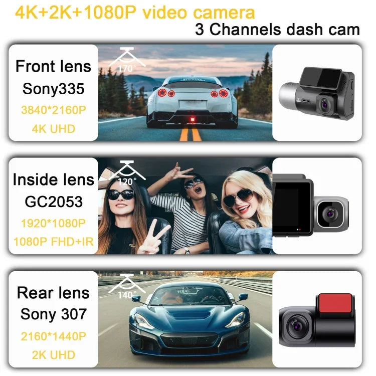 M700A Máy ghi hình xe 3 kênh 4K UHD trước + 1080P trong + 2K sau + GPS + WIFI, Camera hành trình M700A