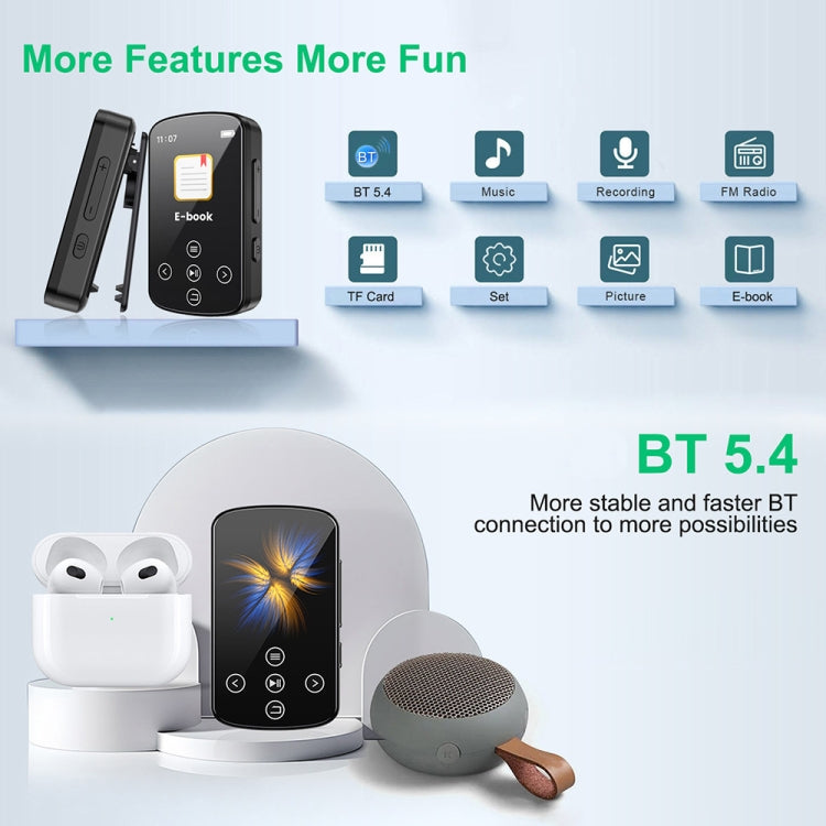 Máy nghe nhạc MP3 Bluetooth HIFI thể thao kẹp màn hình cảm ứng MP4, không có thẻ TF, 8GB, 16GB, 32GB, 64GB, 128GB