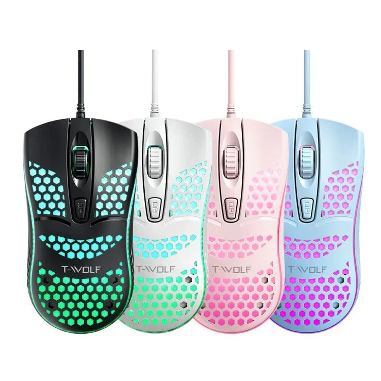Chuột chơi game có dây USB T-WOLF V15 tổ ong với đèn RGB thiết kế rỗng công thái học cho PC văn phòng và gia đình