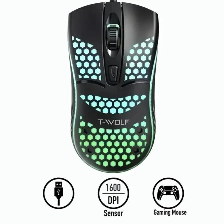 Chuột chơi game có dây USB T-WOLF V15 tổ ong với đèn RGB thiết kế rỗng công thái học cho PC văn phòng và gia đình