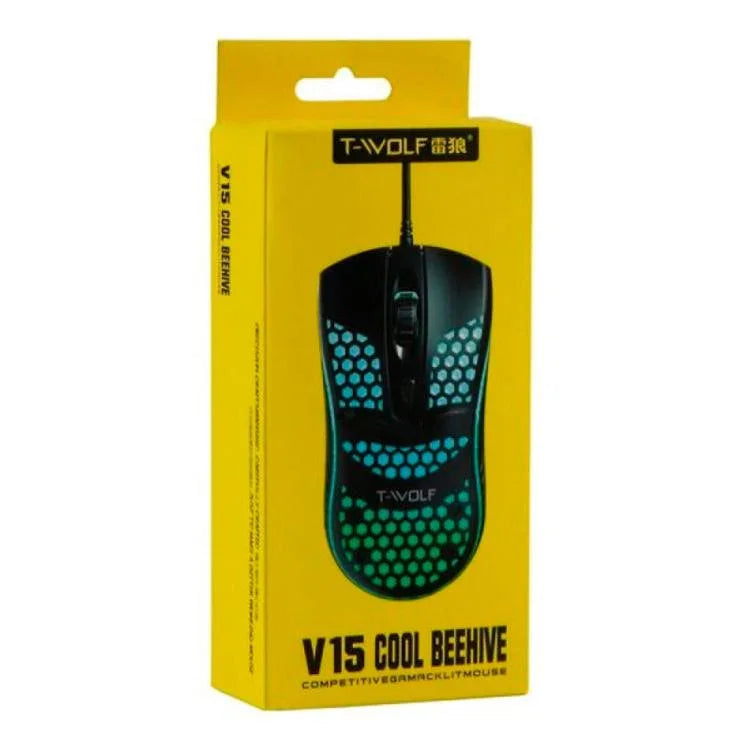 Chuột chơi game có dây USB T-WOLF V15 tổ ong với đèn RGB thiết kế rỗng công thái học cho PC văn phòng và gia đình