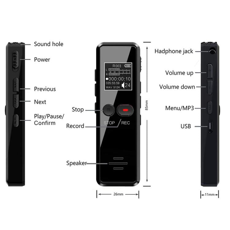 Máy ghi âm mini HD phỏng vấn màn hình LCD 0.9 inch, máy nghe nhạc MP3 sạc USB, 8GB, 16GB, 32GB, 64GB