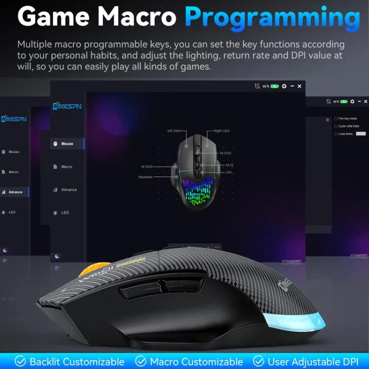 MKESPN W601 Chuột chơi game không dây ba chế độ im lặng, macro, sợi carbon, 12800DPI, Bluetooth