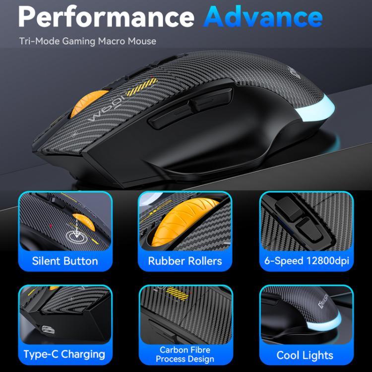 MKESPN W601 Chuột chơi game không dây ba chế độ im lặng, macro, sợi carbon, 12800DPI, Bluetooth