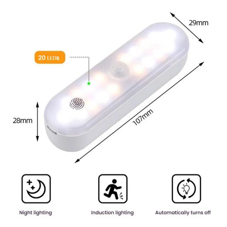 Đèn tủ LED cảm biến chuyển động từ tính có thể sạc lại, 20 LED, 3 nhiệt độ màu, A68-3A-11cm