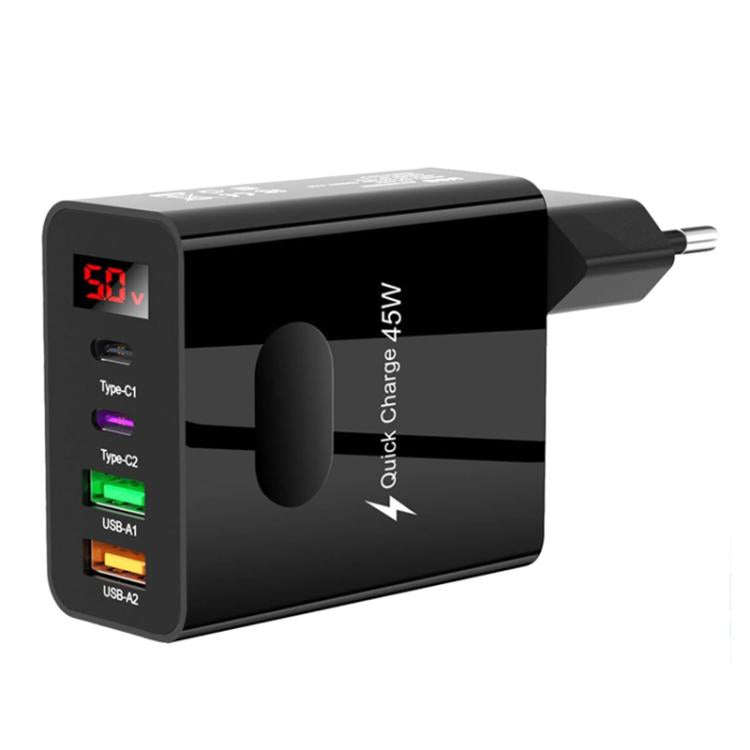 Sạc đa cổng điện thoại di động 2 USB + 2 Type-C có màn hình kỹ thuật số, phích cắm EU màu đen, phích cắm US màu đen, phích cắm UK màu đen, phích cắm EU màu trắng, phích cắm US màu trắng, phích cắm UK màu trắng