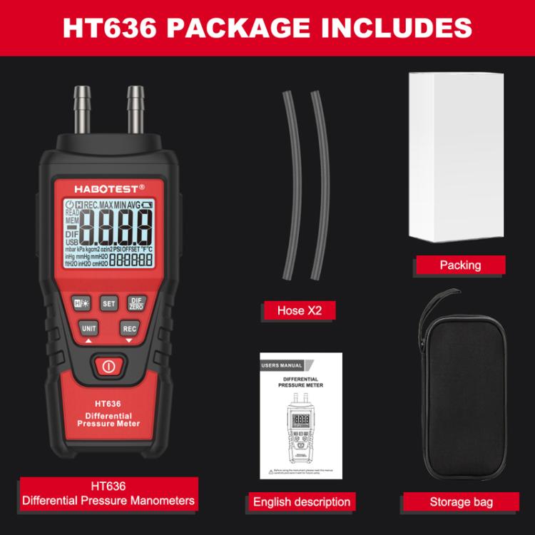 Máy đo áp suất vi sai chính xác cao HABOTEST HT636, máy đo vi áp kỹ thuật số, HT636