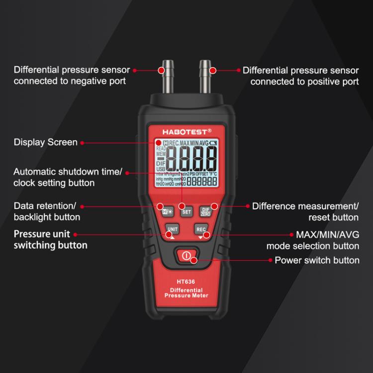 Máy đo áp suất vi sai chính xác cao HABOTEST HT636, máy đo vi áp kỹ thuật số, HT636
