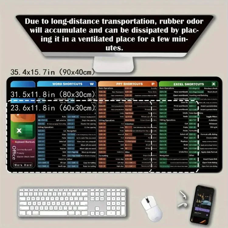 Thảm bàn phím phím tắt, tấm lót chuột chống trượt cho bàn làm việc với các lệnh máy tính, kích thước 300x600x2mm, 300x600x3mm, 300x700x2mm, 300x700x3mm, 300x800x2mm, 300x800x3mm, 400x800x2mm, 400x800x3mm, 400x900x2mm