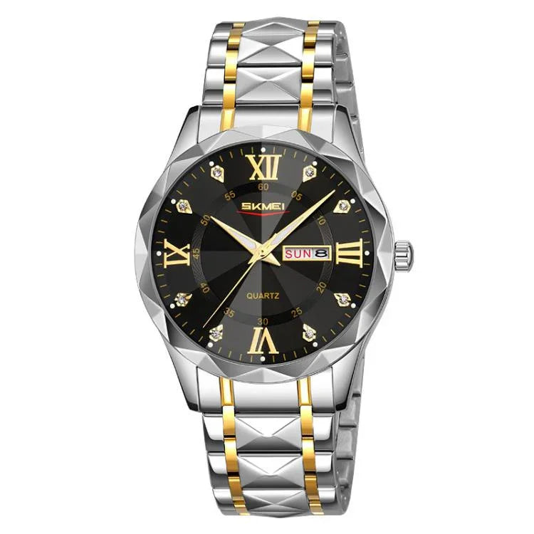 SKMEI Business Casual Watches Diamond Case Luminous Waterproof Quartz Watch, Men Silver Gold Strap Silver Dial, Men Silver Gold Strap Green Dial, Men Silver Gold Strap Black Dial, Men Silver Case Silver Dial, Men Silver Case Gray Dial                  ...