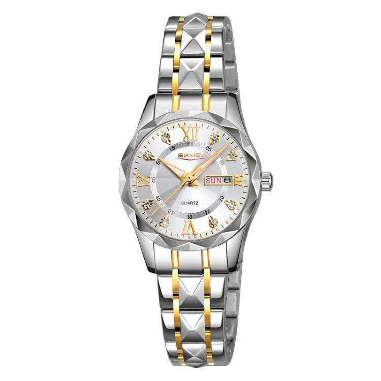 SKMEI Business Casual Watches Diamond Case Luminous Waterproof Quartz Watch, Men Silver Gold Strap Silver Dial, Men Silver Gold Strap Green Dial, Men Silver Gold Strap Black Dial, Men Silver Case Silver Dial, Men Silver Case Gray Dial                  ...