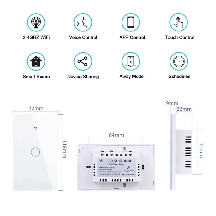 Công tắc thông minh WIFI một nút Model 120 US Gauge Graffiti, 1 nút trắng, 2 nút trắng, 1 nút đen, 2 nút đen, 1 nút vàng, 2 nút vàng