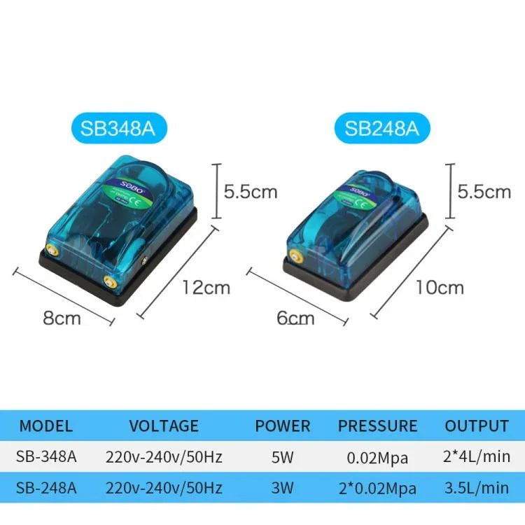 Máy bơm khí bể cá trong suốt siêu yên tĩnh 220-240V, SOBO SB-248A 3W một lỗ, SOBO SB-348A 5W hai lỗ