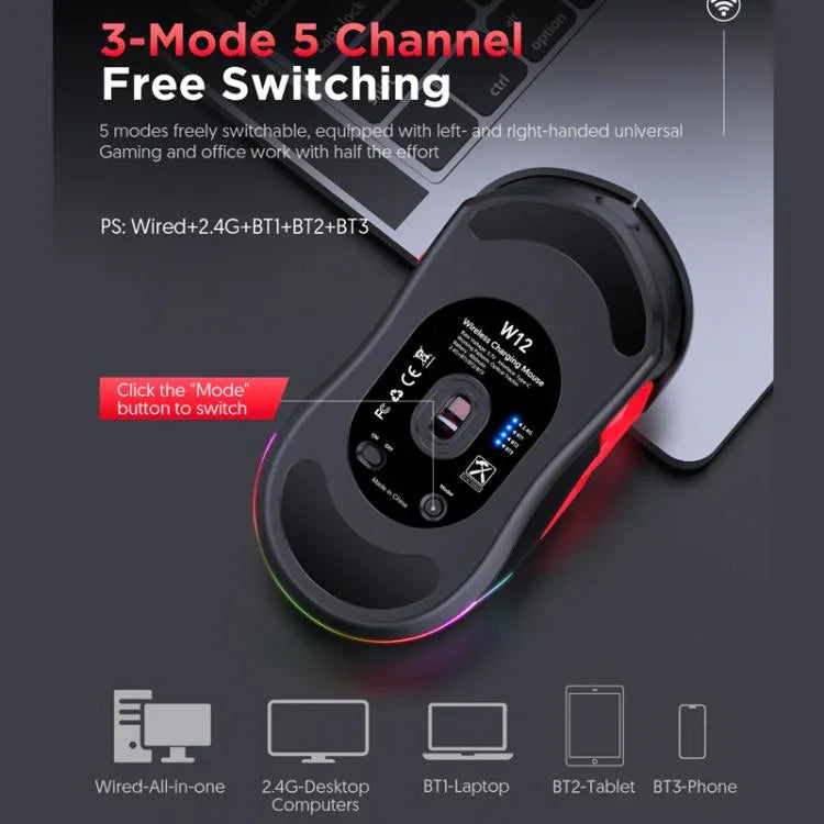 Chuột chơi game MKESPN W12 5 kênh ba chế độ 10 phím 10000 DPI thiết kế thuận cả hai tay RGB Macro, W12 Xanh dương, W12 Đỏ