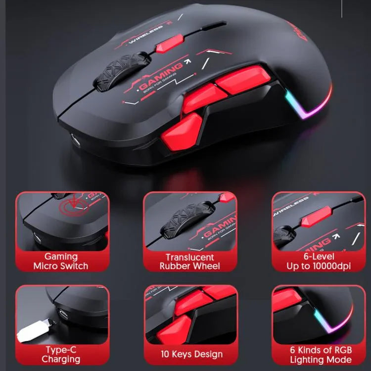 Chuột chơi game MKESPN W12 5 kênh ba chế độ 10 phím 10000 DPI thiết kế thuận cả hai tay RGB Macro, W12 Xanh dương, W12 Đỏ
