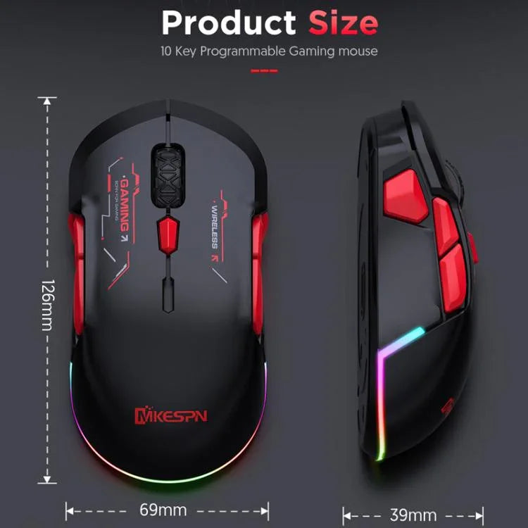 Chuột chơi game MKESPN W12 5 kênh ba chế độ 10 phím 10000 DPI thiết kế thuận cả hai tay RGB Macro, W12 Xanh dương, W12 Đỏ