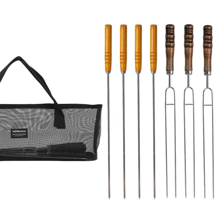 NOBANA Outdoor BBQ Grilling Fork Portable Stainless Steel Wooden Handle Grilling Skewer With Storage Bag, 7pcs /Set White, 7pcs /Set Black, 10pcs /Set White, 10pcs /Set Black