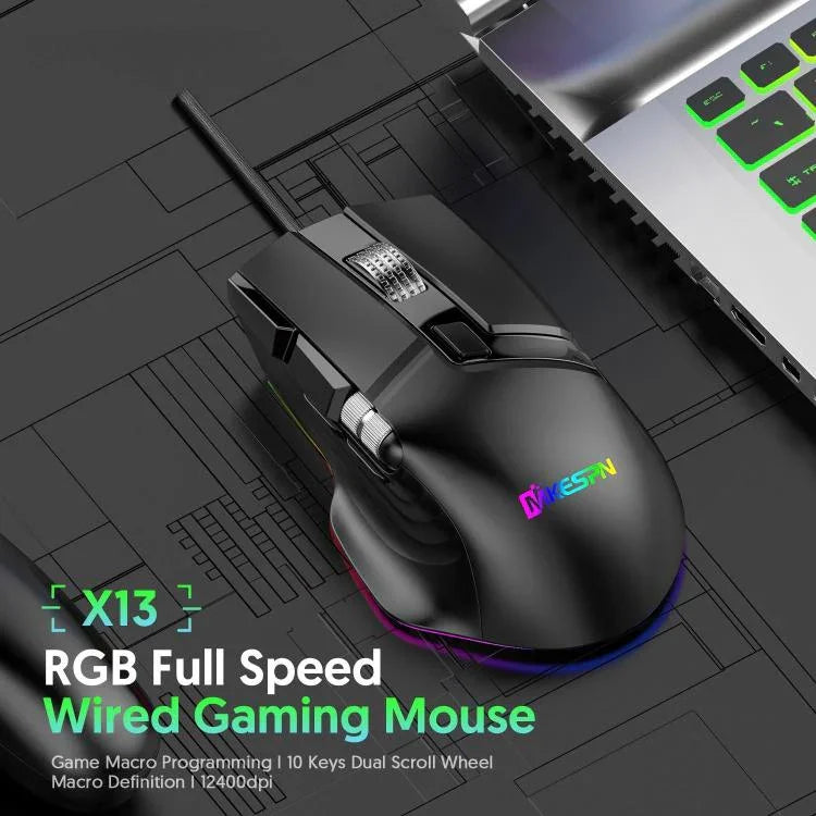 Chuột chơi game có dây MKESPN X13 RGB tốc độ đầy đủ 12400 DPI 10 phím, bánh xe cuộn kép, lập trình macro, X13