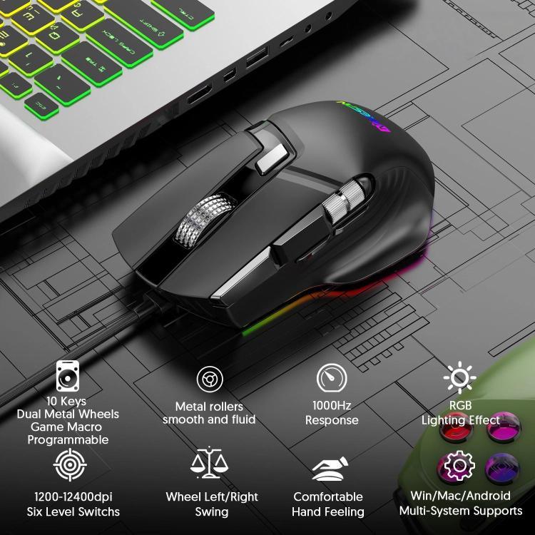 Chuột chơi game có dây MKESPN X13 RGB tốc độ đầy đủ 12400 DPI 10 phím, bánh xe cuộn kép, lập trình macro, X13