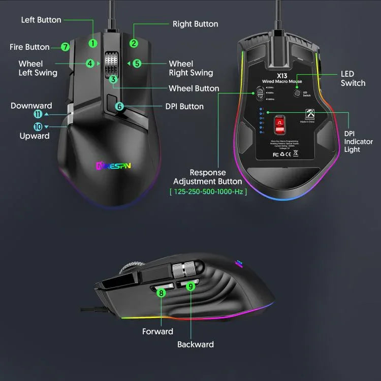 Chuột chơi game có dây MKESPN X13 RGB tốc độ đầy đủ 12400 DPI 10 phím, bánh xe cuộn kép, lập trình macro, X13
