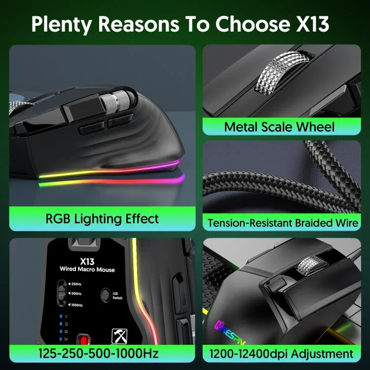 Chuột chơi game có dây MKESPN X13 RGB tốc độ đầy đủ 12400 DPI 10 phím, bánh xe cuộn kép, lập trình macro, X13