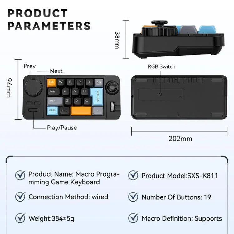 Bàn phím chơi game có dây USB-C MKESPN 19 phím, lập trình macro, thiết kế thay thế nóng với núm điều khiển & bánh xe joystick cuộn, K811 Màu đen