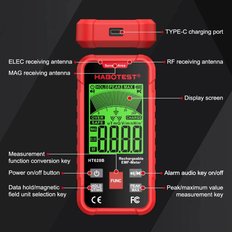 Máy đo EMF đa trường HABOTEST HT628B, máy kiểm tra bức xạ điện từ có thể sạc lại, HT628B