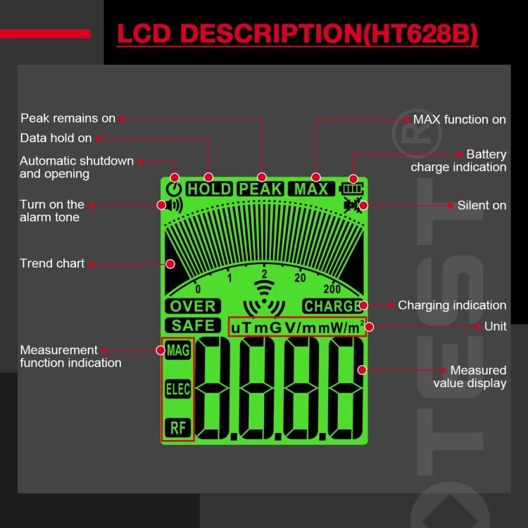 Máy đo EMF đa trường HABOTEST HT628B, máy kiểm tra bức xạ điện từ có thể sạc lại, HT628B