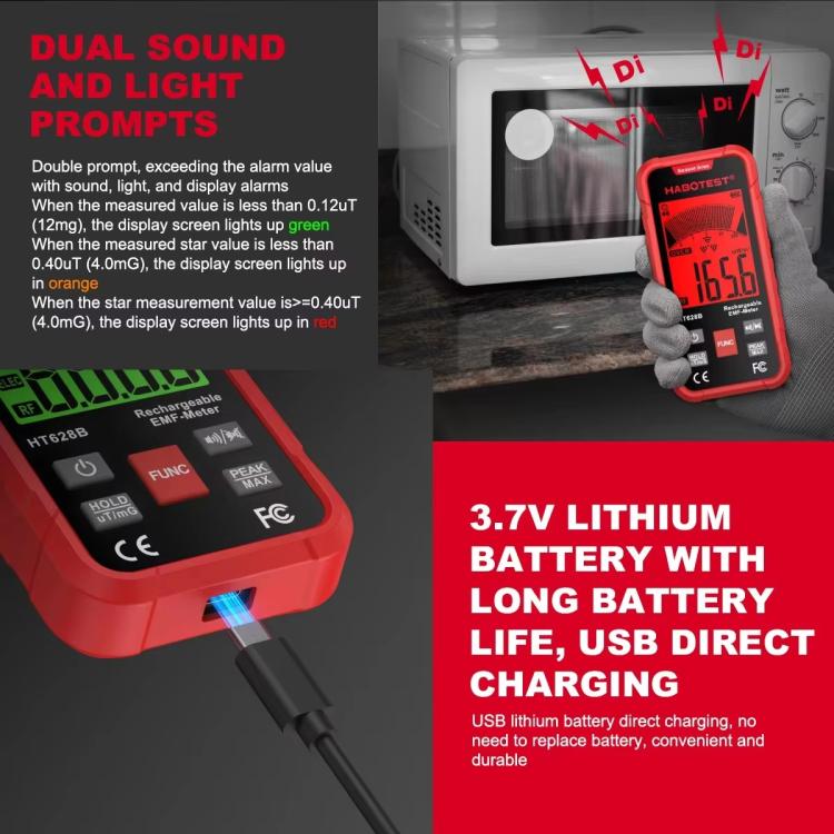 Máy đo EMF đa trường HABOTEST HT628B, máy kiểm tra bức xạ điện từ có thể sạc lại, HT628B
