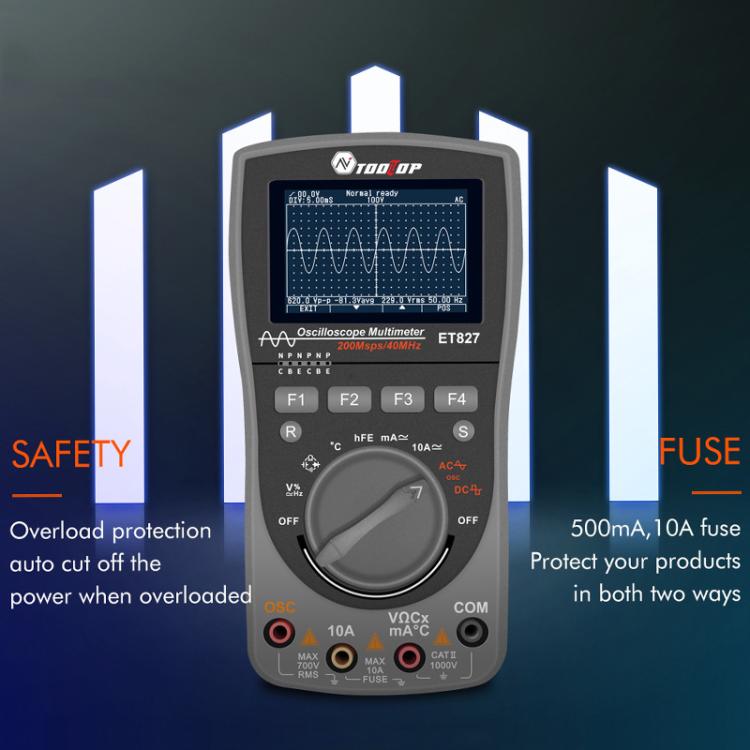 Máy hiện sóng đồng hồ vạn năng 200Msps, tần số lấy mẫu 40MHz, máy hiện sóng + đồng hồ vạn năng 2 trong 1, ET827