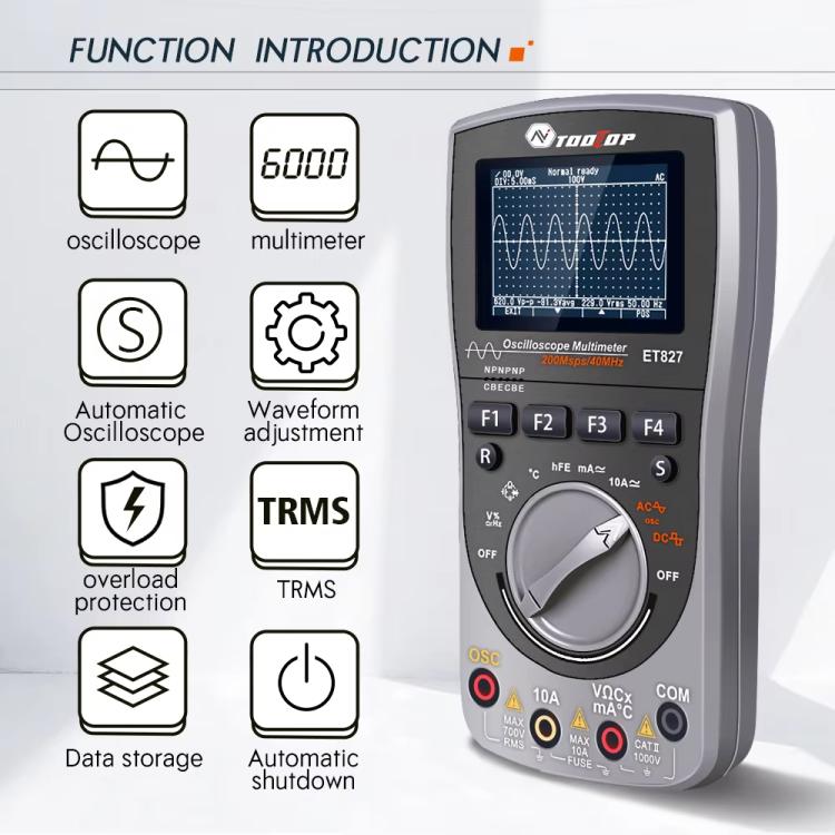 Máy hiện sóng đồng hồ vạn năng 200Msps, tần số lấy mẫu 40MHz, máy hiện sóng + đồng hồ vạn năng 2 trong 1, ET827