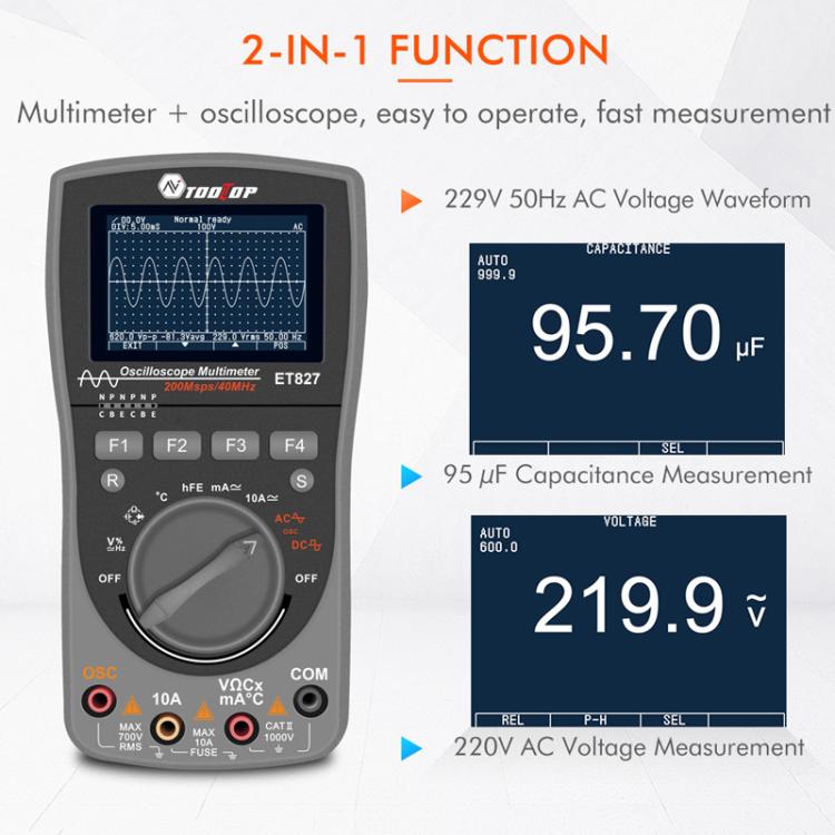 Máy hiện sóng đồng hồ vạn năng 200Msps, tần số lấy mẫu 40MHz, máy hiện sóng + đồng hồ vạn năng 2 trong 1, ET827