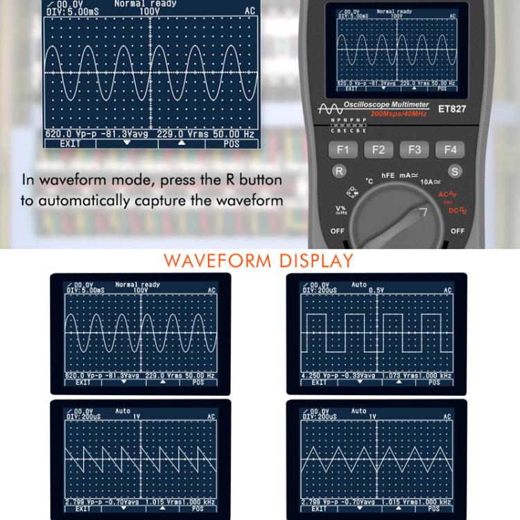Máy hiện sóng đồng hồ vạn năng 200Msps, tần số lấy mẫu 40MHz, máy hiện sóng + đồng hồ vạn năng 2 trong 1, ET827