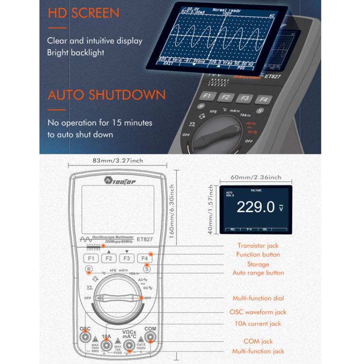 Máy hiện sóng đồng hồ vạn năng 200Msps, tần số lấy mẫu 40MHz, máy hiện sóng + đồng hồ vạn năng 2 trong 1, ET827