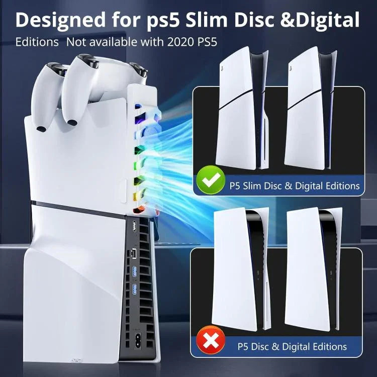 Trạm sạc 2 trong 1 cho tay cầm PS5 Slim kèm quạt làm mát và đèn RGB