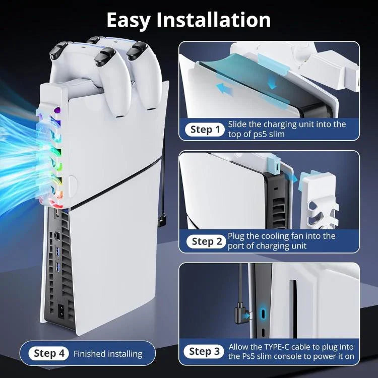 Trạm sạc 2 trong 1 cho tay cầm PS5 Slim kèm quạt làm mát và đèn RGB