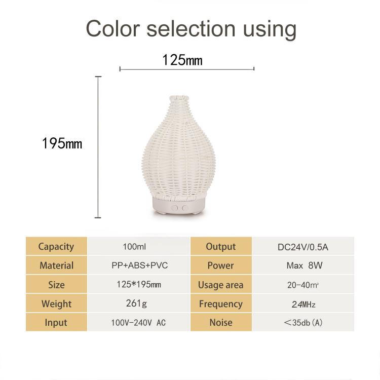 100ML Hollow Rattan Ultrasonic Humidifier & Aromatherapy Diffuser with 7-Color LED Lights, 5V USB, 24V EU Plug